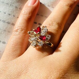 Vintage 14KT GE Gold Marquise Ruby and Diamond Cocktail Cluster Ring Size 7